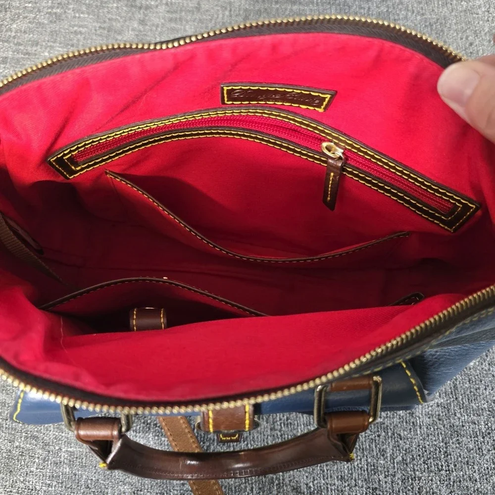 Dooney & Bourke Pebble Grain Leather Satchel Navy Blue Brown Trim Crossbody Bag